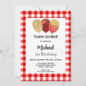 Red Gingham, feestballonnen 1e verjaardag Kaart (Voorkant)