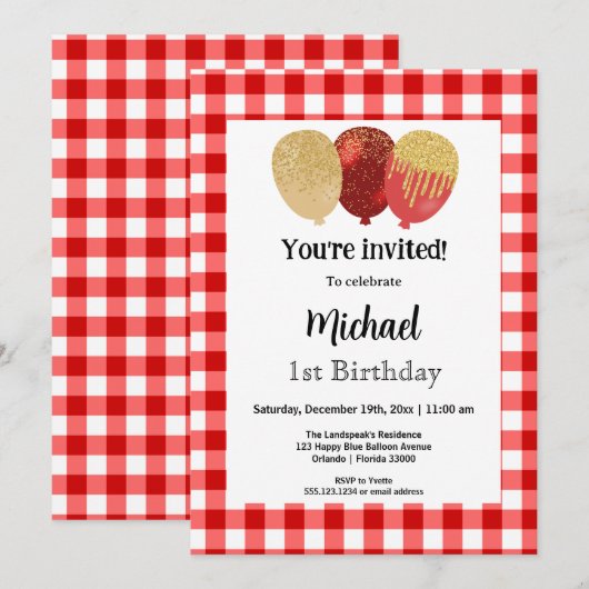 Red Gingham, feestballonnen 1e verjaardag Kaart (Voorkant / Achterkant)