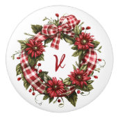 Red Gingham Floral Wreath Initiaal Keramische Knop (Voorkant)