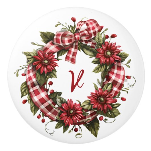 Red Gingham Floral Wreath Initiaal Keramische Knop (Voorkant)