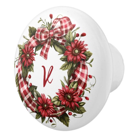 Red Gingham Floral Wreath Initiaal Keramische Knop (Rechts)