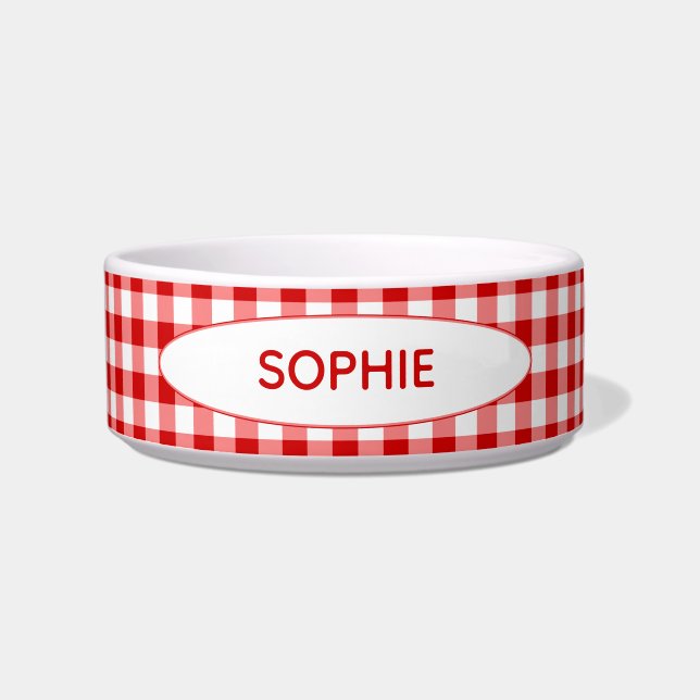 Red Gingham gepersonaliseerd | Rood- en witcontrol Voerbakje (Voorkant)