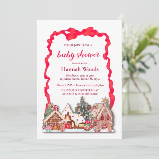 Red Gingham Gingerbread Baby shower Kaart (Staand voorkant)