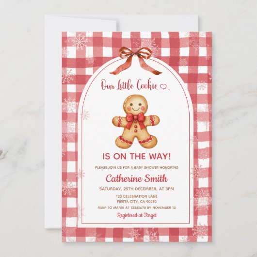Red Gingham Gingerbread Christmas Baby Shower Kaart (Voorkant)