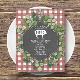 Red Gingham Greenery Baby Q Baby shower Kaart