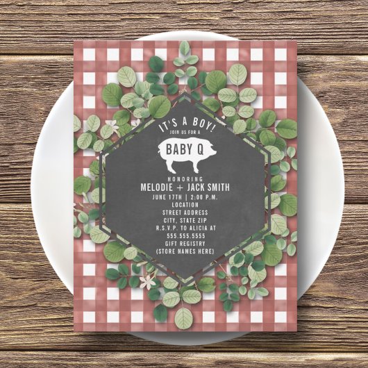 Red Gingham Greenery Baby Q Baby shower Kaart