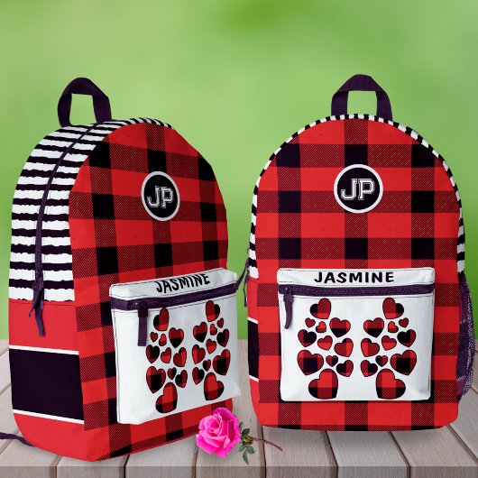 Red Gingham Heart Aangepaste naam Linkshandige Sch Bedrukte Rugzak