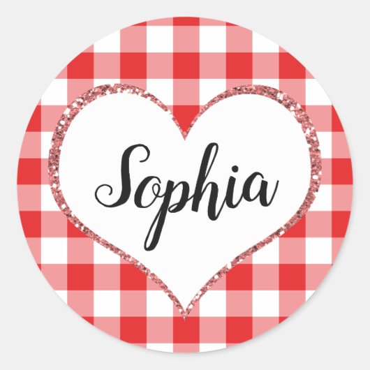 Red Gingham Heart Custom Name Monogram Valentijn Ronde Sticker (Voorkant)
