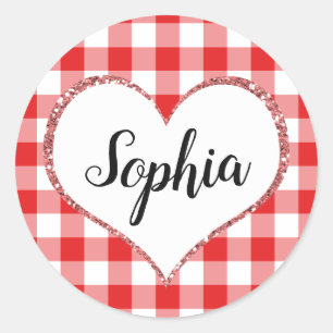 Red Gingham Heart Custom Name Monogram Valentijn Ronde Sticker