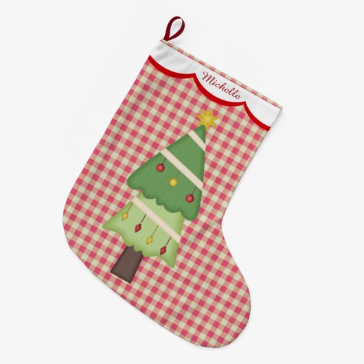Red Gingham Holiday Tree gepersonaliseerd Grote Kerstsok (Voorkant (Hangend))