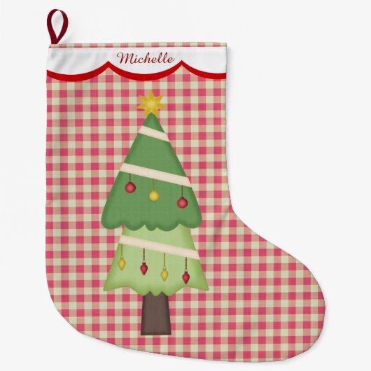 Red Gingham Holiday Tree gepersonaliseerd Grote Kerstsok (Voorkant)