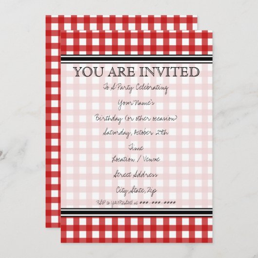 Red Gingham Invitation Kaart (Voorkant / Achterkant)