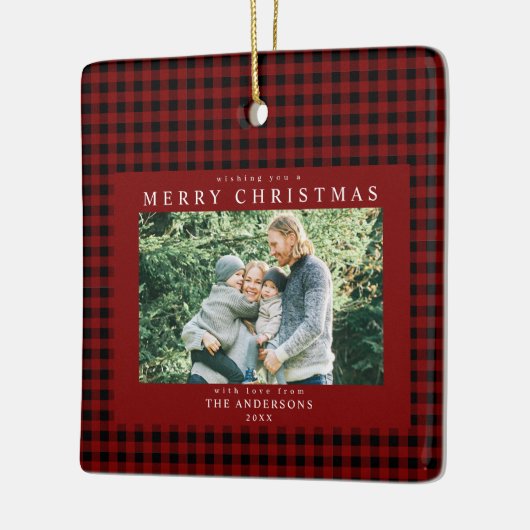 Red Gingham Kerstfoto Keramisch Ornament (Links)