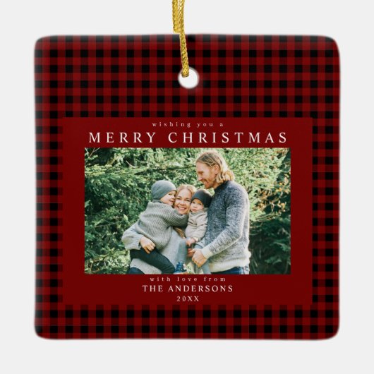 Red Gingham Kerstfoto Keramisch Ornament (Voorkant)