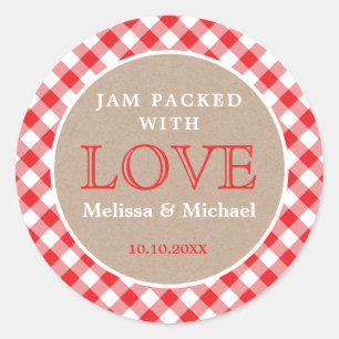 Red Gingham Kraft Jam verpakt met liefdesweddensch Ronde Sticker
