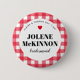 Red Gingham Land Bruiloft Bruidsmeisje Naam Ronde Button 5,7 Cm
