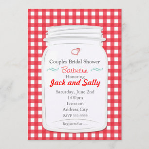 Red Gingham Land Rustic Mason Jar Uitnodiging