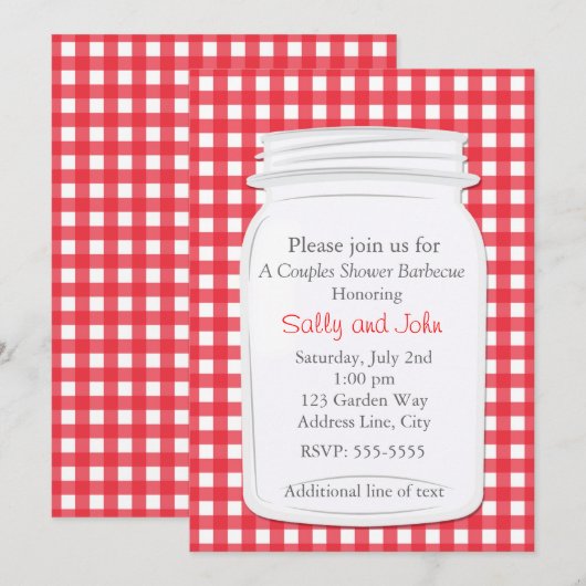 Red Gingham Mason Jar Country Picnic Zomer Uitnodi Kaart (Voorkant / Achterkant)
