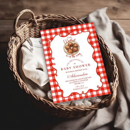 Red Gingham Meatball Baby Shower Kaart