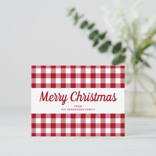 Red Gingham Merry Christmas Script Briefkaart (Staand voorkant)