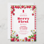 Red Gingham met aardbeien Baby Girl Verjaardag Kaart (Voorkant)