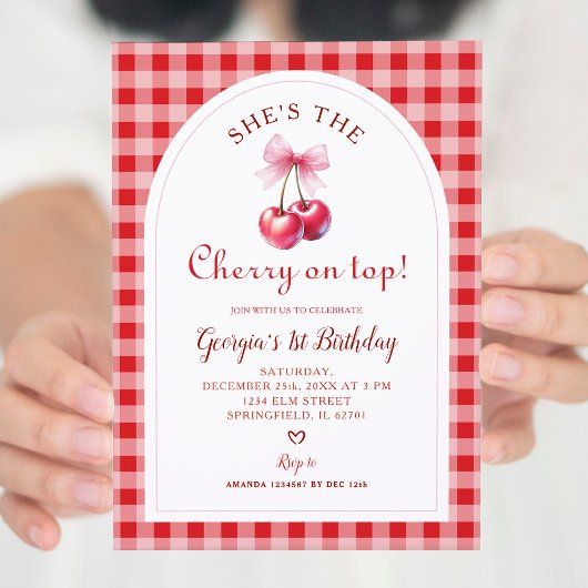 Red Gingham met Bow Cherry op de verjaardag van To Kaart