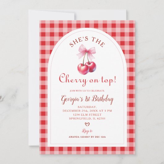 Red Gingham met Bow Cherry op de verjaardag van To Kaart (Voorkant)