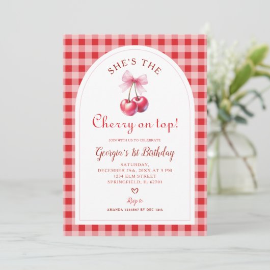 Red Gingham met Bow Cherry op de verjaardag van To Kaart (Staand voorkant)
