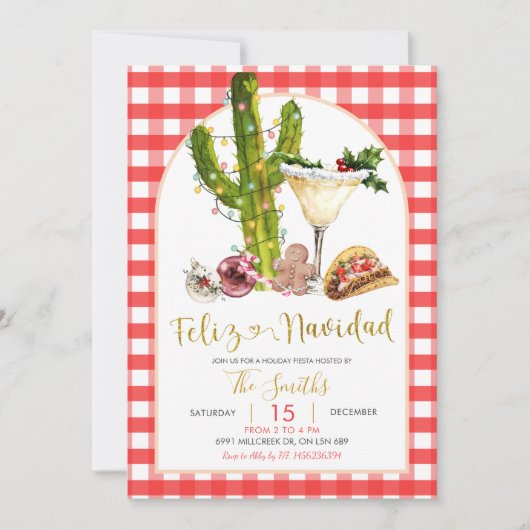 Red Gingham Mexican Feliz Navidad Christmas Party Kaart (Voorkant)