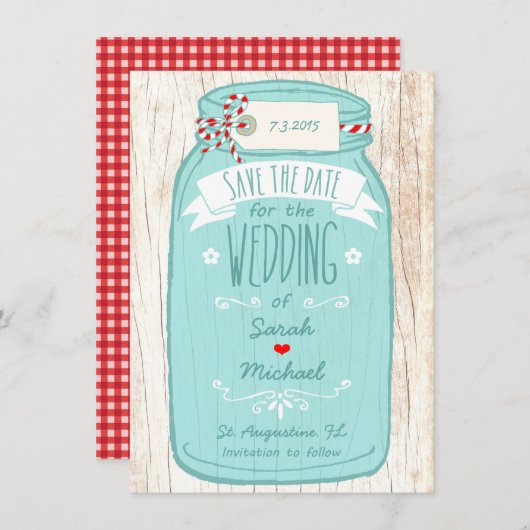 Red Gingham & Mint Mason Jar Bewaar de datum Save The Date (Voorkant / Achterkant)