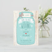 Red Gingham & Mint Mason Jar Bewaar de datum Save The Date (Staand voorkant)