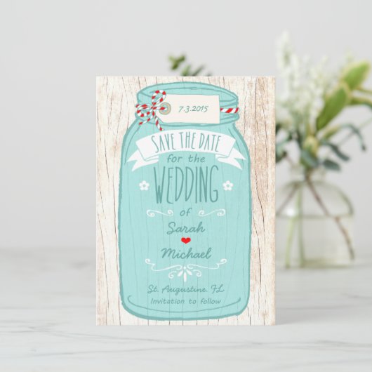 Red Gingham & Mint Mason Jar Bewaar de datum Save The Date (Staand voorkant)