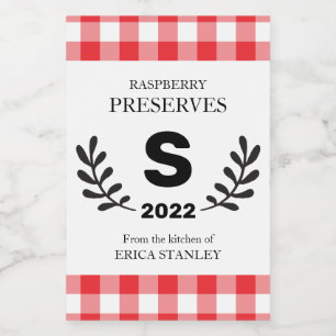 Red Gingham Monogram Homemade Voedselcontainer Etiket