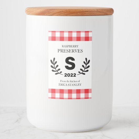 Red Gingham Monogram Homemade Voedselcontainer Etiket (Voorkant)