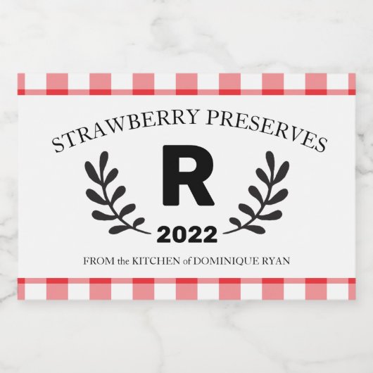Red Gingham Monogram Homemade Voedselcontainer Etiket (Enkel label)