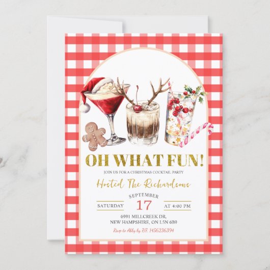 Red Gingham Oh What Fun Christmas Cocktail Party Kaart (Voorkant)