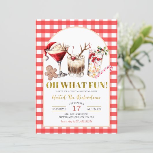 Red Gingham Oh What Fun Christmas Cocktail Party Kaart (Staand voorkant)