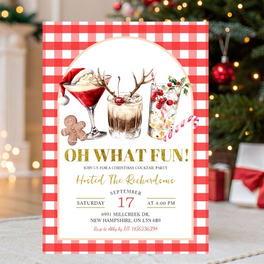 Red Gingham Oh What Fun Christmas Cocktail Party Kaart