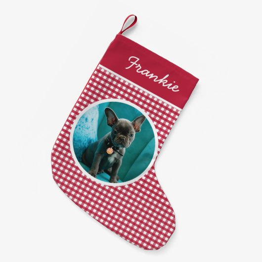 Red Gingham Pet Foto Kleine Kerstsok (Voorkant (Hangend))