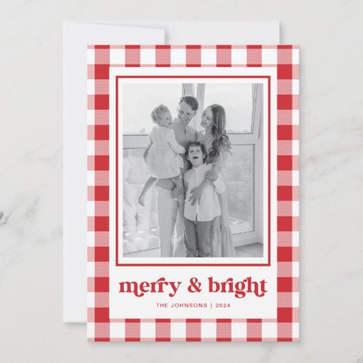 Red Gingham Photo Christmas Kaart Merry & Bright (Voorkant)
