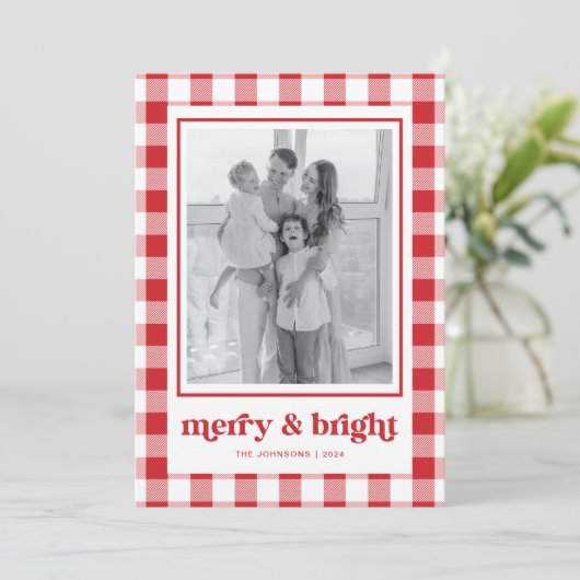 Red Gingham Photo Christmas Kaart Merry & Bright (Staand voorkant)