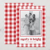 Red Gingham Photo Christmas Kaart Merry & Bright (Voorkant / Achterkant)