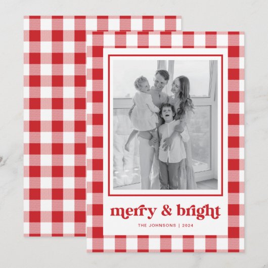 Red Gingham Photo Christmas Kaart Merry & Bright (Voorkant / Achterkant)