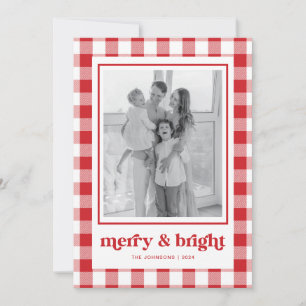 Red Gingham Photo Christmas Kaart Merry & Bright