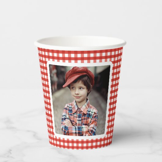 Red Gingham Photo Template Boerderij Verjaardag Papieren Bekers (Voorkant)