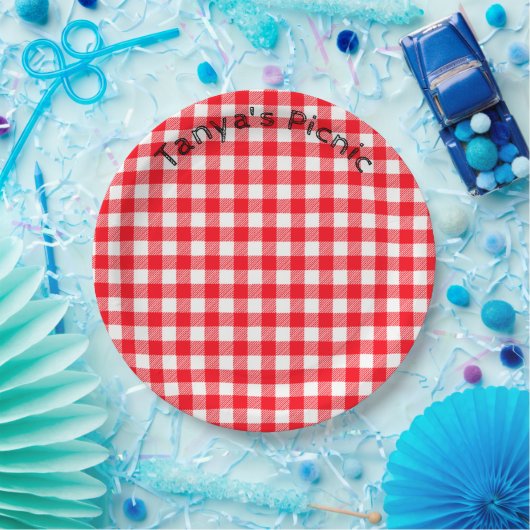 Red Gingham Picnic Print Baby Birthday Party Papieren Bordje (Feest)