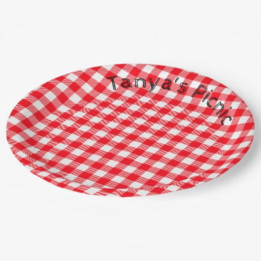 Red Gingham Picnic Print Baby Birthday Party Papieren Bordje (Gekanteld)