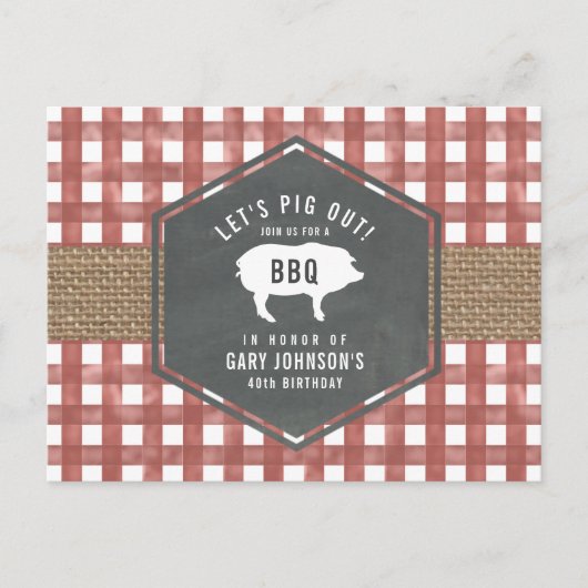 Red Gingham Pig Burlap Birthday Bbq Briefkaart (Voorkant)