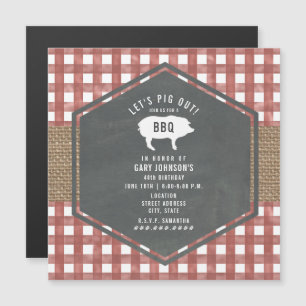 Red Gingham Pig Burlap Birthday Bbq Magnetische Uitnodiging