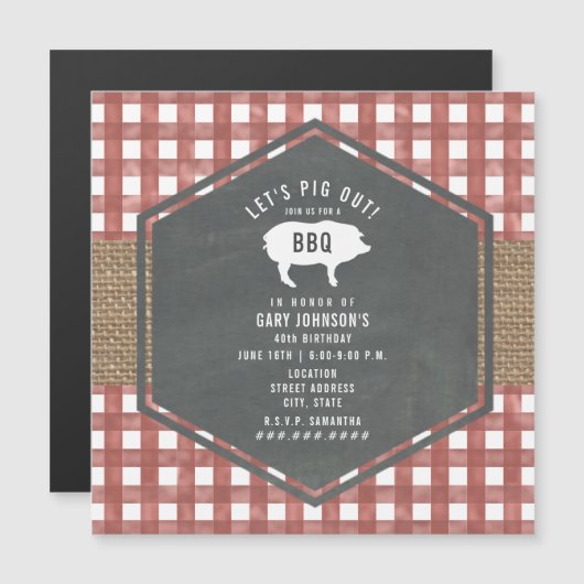 Red Gingham Pig Burlap Birthday Bbq Magnetische Uitnodiging (Voorkant / Achterkant)
